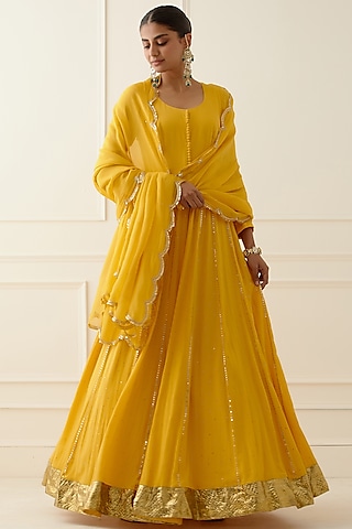 Yellow Embroidered Anarkali Set by Ikshita Choudhary
