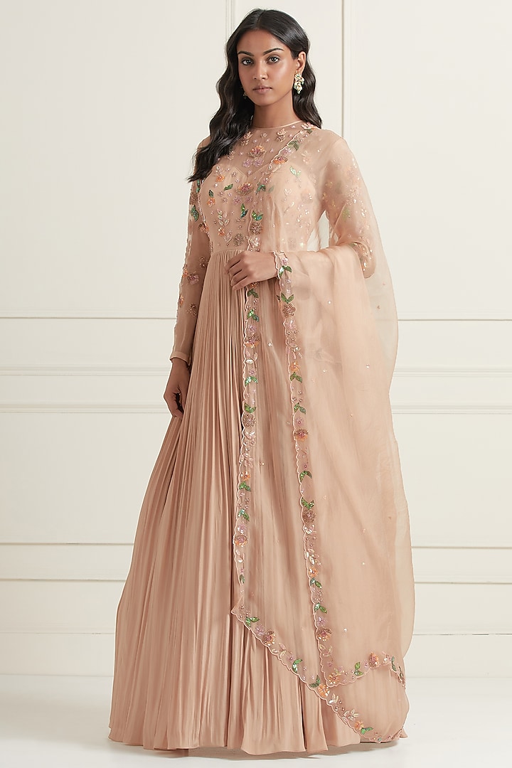 Peach Crepe & Organza Hand Embroidered Gown With Dupatta by Ikshita Choudhary