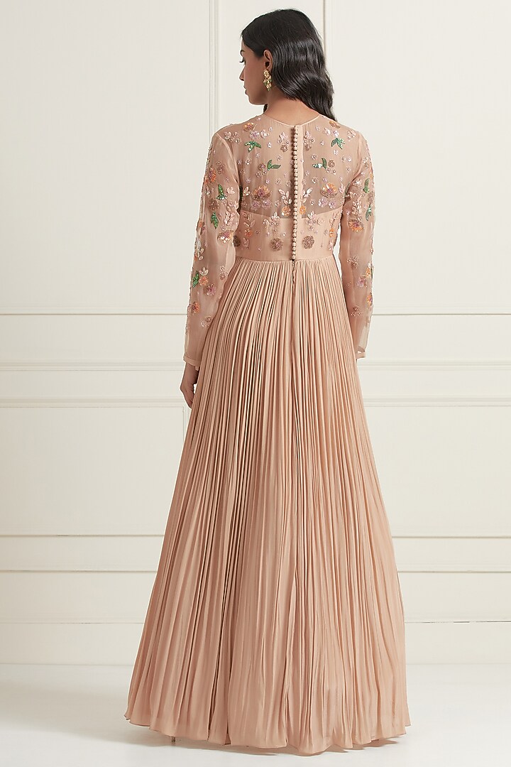 Peach Crepe & Organza Hand Embroidered Engagement Gown With Dupatta by Ikshita Choudhary at Pernia's Pop Up Shop