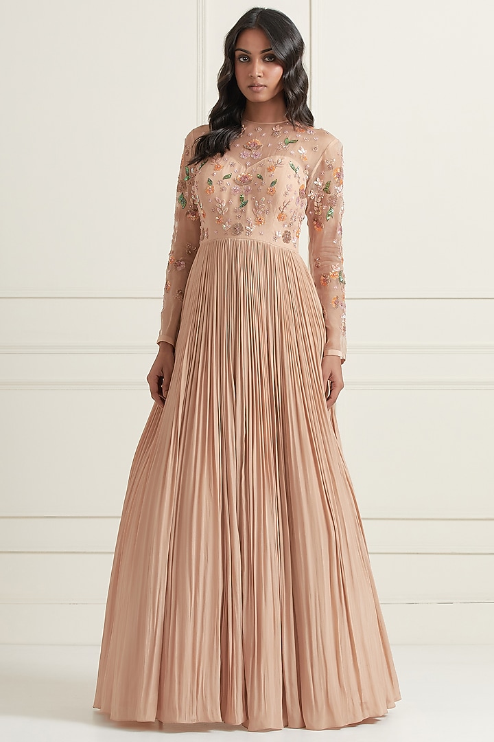 Peach Crepe & Organza Hand Embroidered Engagement Gown With Dupatta by Ikshita Choudhary at Pernia's Pop Up Shop