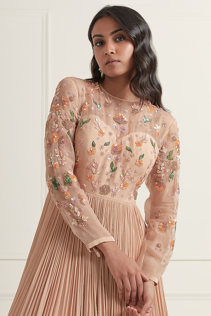 Peach Crepe & Organza Hand Embroidered Engagement Gown With Dupatta by Ikshita Choudhary at Pernia's Pop Up Shop