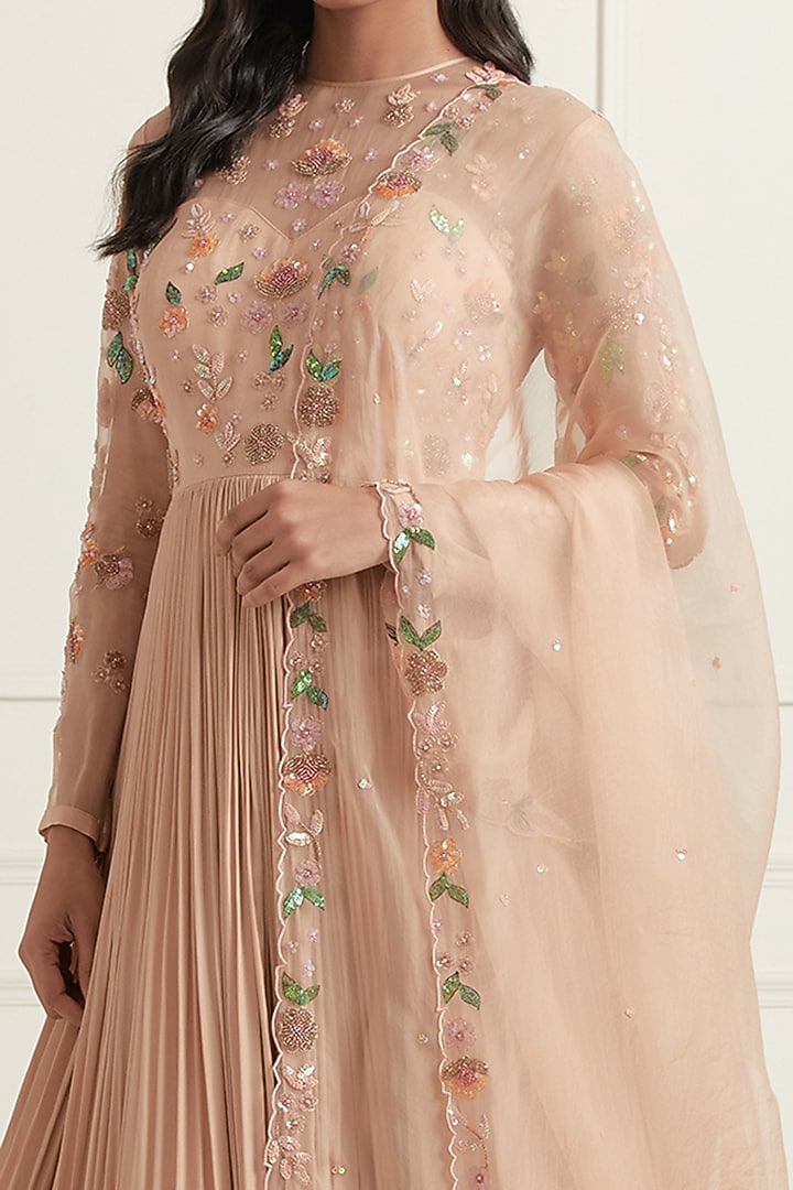Peach Crepe & Organza Hand Embroidered Engagement Gown With Dupatta by Ikshita Choudhary at Pernia's Pop Up Shop
