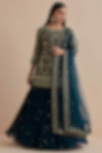 Teal Blue Georgette Skirt Set by Ikshita Choudhary