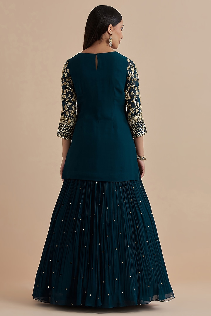Teal Blue Georgette Skirt Set by Ikshita Choudhary at Pernia's Pop Up Shop