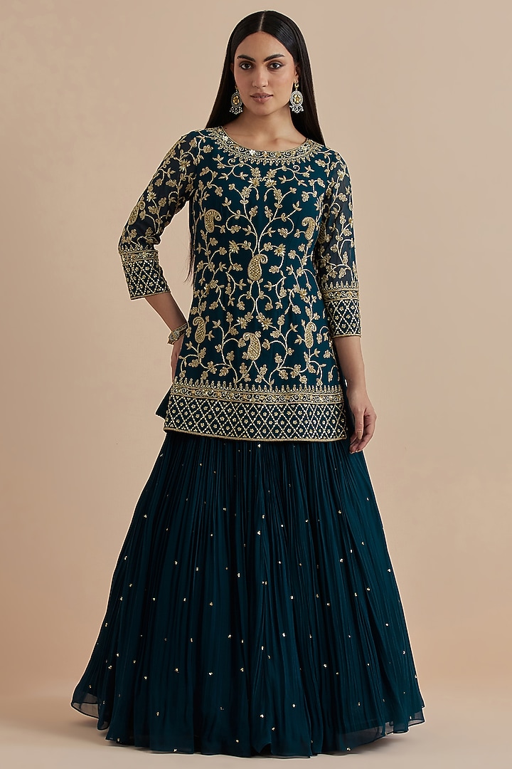 Teal Blue Georgette Skirt Set by Ikshita Choudhary at Pernia's Pop Up Shop