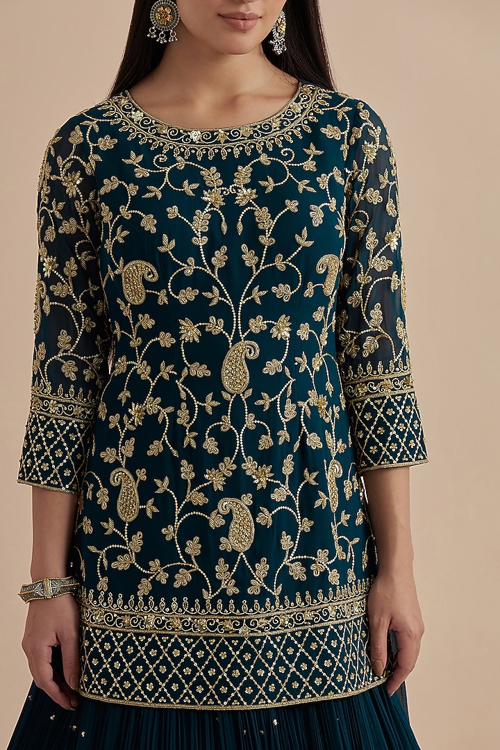 Teal Blue Georgette Skirt Set by Ikshita Choudhary at Pernia's Pop Up Shop