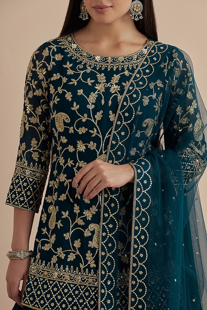 Teal Blue Georgette Skirt Set by Ikshita Choudhary at Pernia's Pop Up Shop