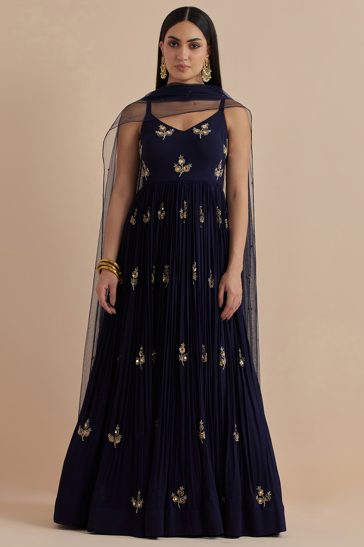 Blue Georgette Hand Embroidered Party Wear Gown With Dupatta by Ikshita Choudhary at Pernia's Pop Up Shop
