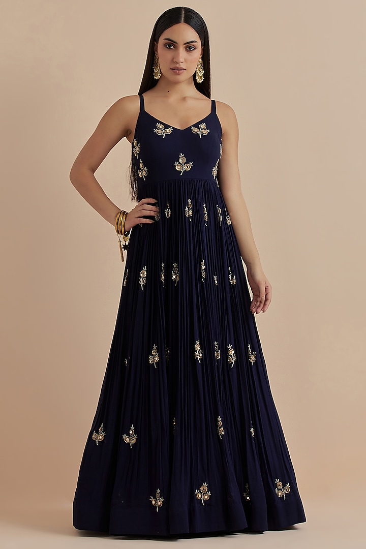 Blue Georgette Hand Embroidered Party Wear Gown With Dupatta by Ikshita Choudhary at Pernia's Pop Up Shop
