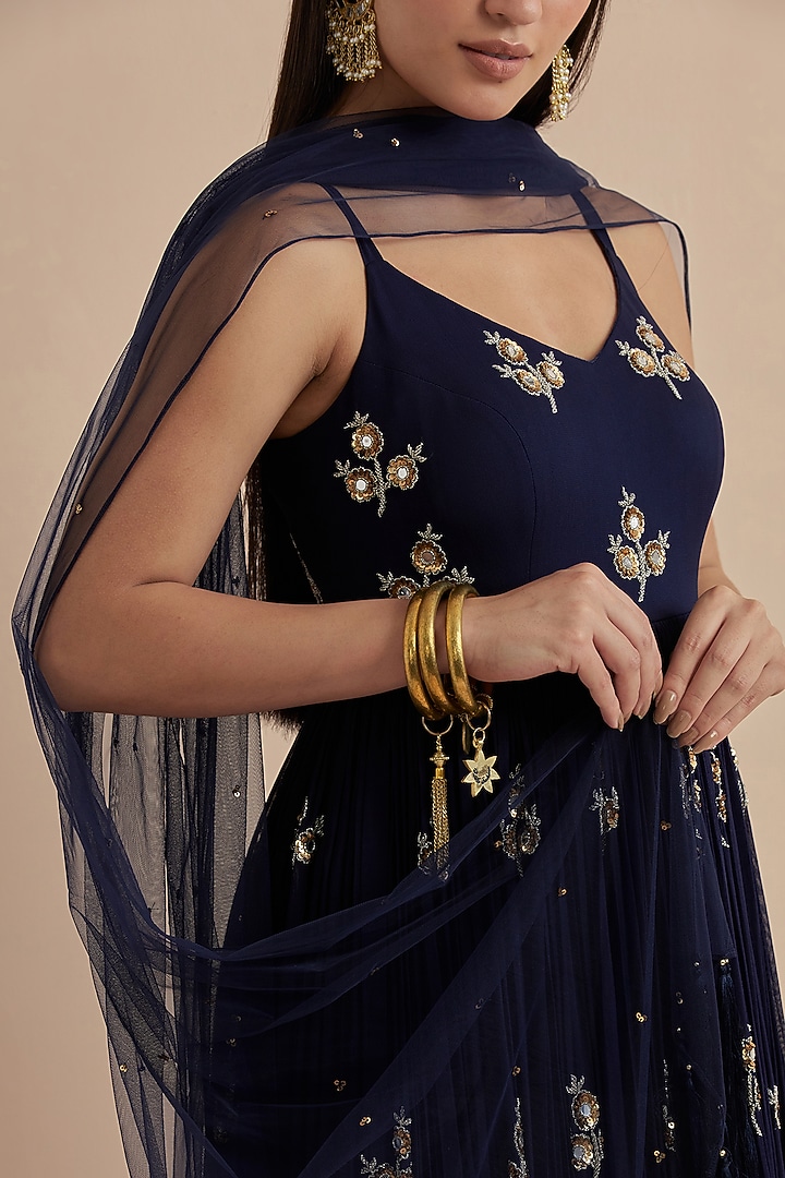 Blue Georgette Hand Embroidered Party Wear Gown With Dupatta by Ikshita Choudhary at Pernia's Pop Up Shop