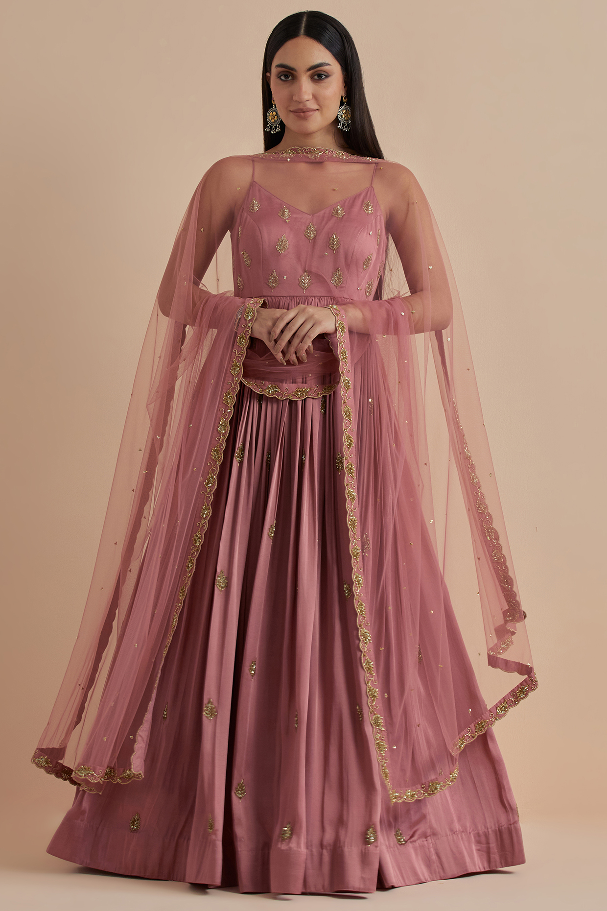 Dust Pink Bombark Satin Hand Embroidered Engagement Gown With Dupatta by Ikshita Choudhary at Pernia's Pop Up Shop