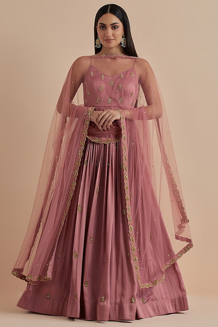 Dust Pink Bombark Satin Hand Embroidered Engagement Gown With Dupatta by Ikshita Choudhary at Pernia's Pop Up Shop