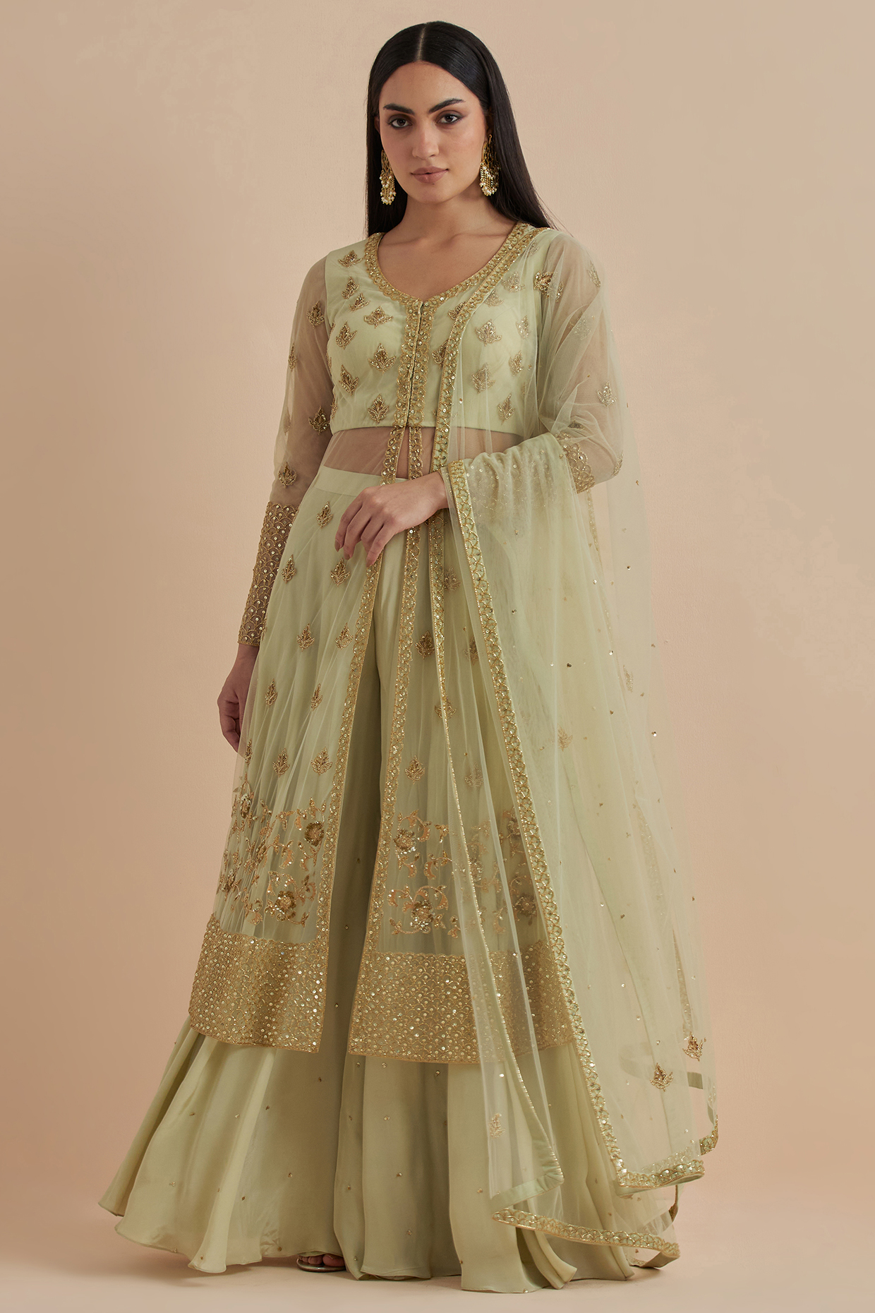 Green Net & Crepe Hand Embroidered Kurta Set by Ikshita Choudhary at Pernia's Pop Up Shop