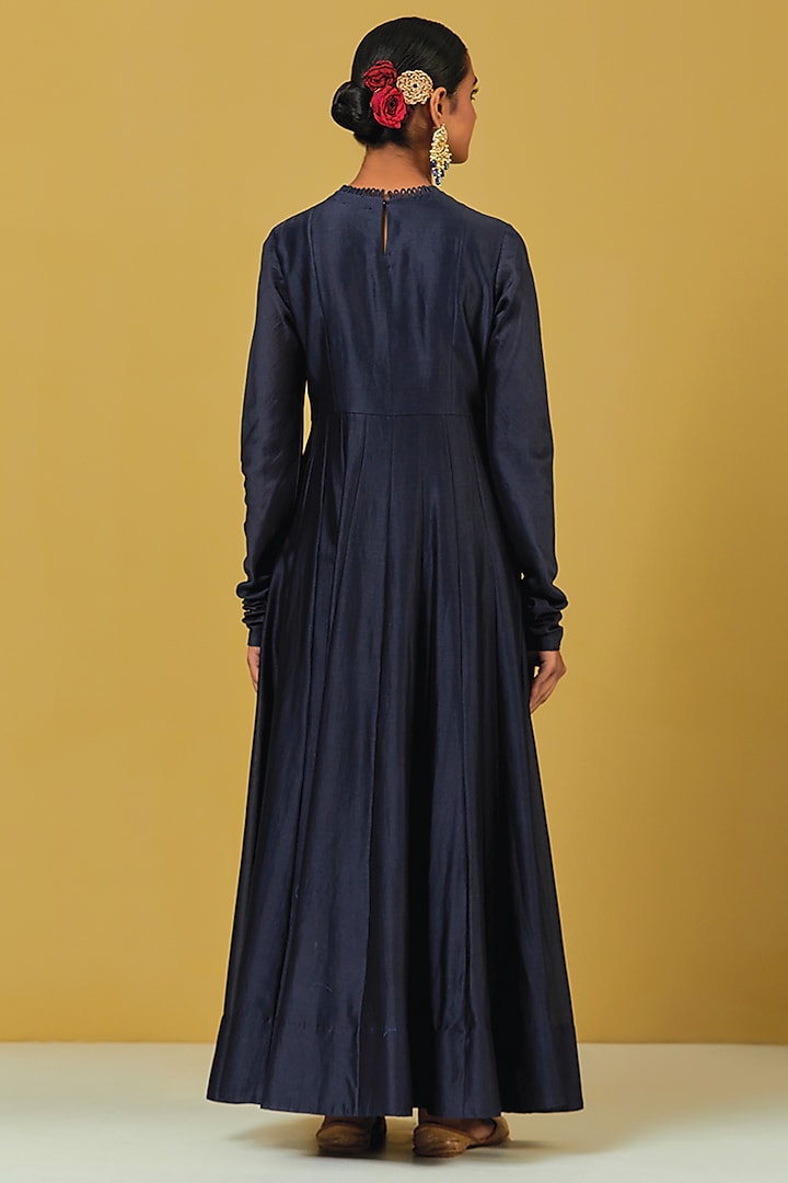 Blue Chanderi Silk Hand Embroidered Party Wear Anarkali Set by Ikshita Choudhary at Pernia's Pop Up Shop
