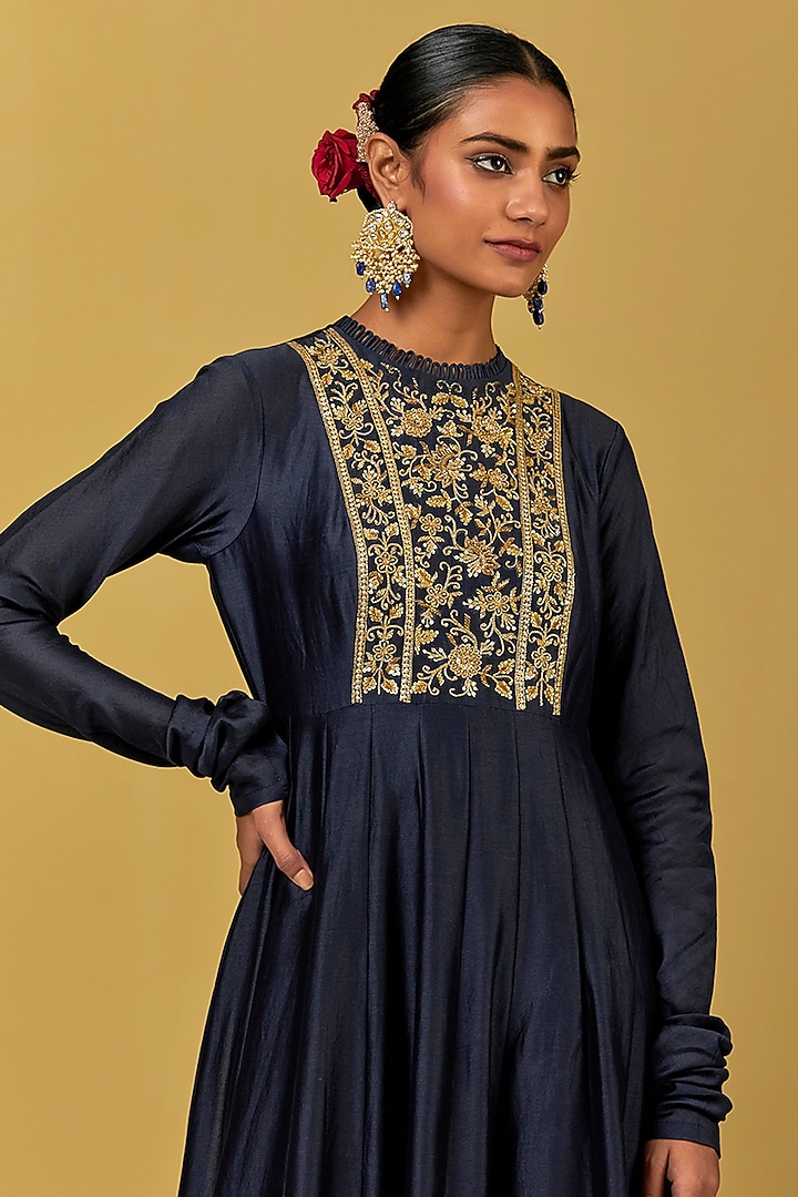 Blue Chanderi Silk Hand Embroidered Party Wear Anarkali Set by Ikshita Choudhary at Pernia's Pop Up Shop