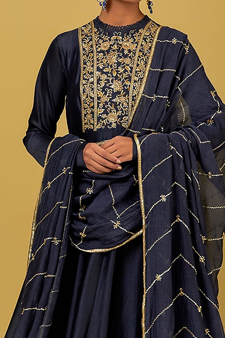 Blue Chanderi Silk Hand Embroidered Party Wear Anarkali Set by Ikshita Choudhary at Pernia's Pop Up Shop