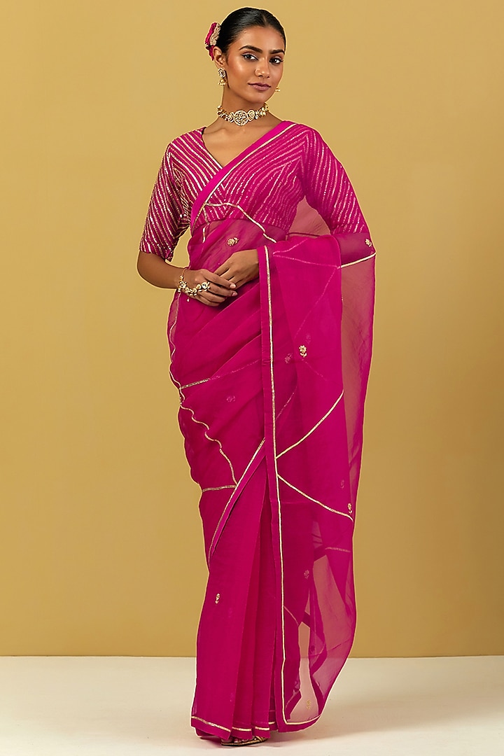 Pink Tissue Organza Hand Embroidered Saree Set by Ikshita Choudhary