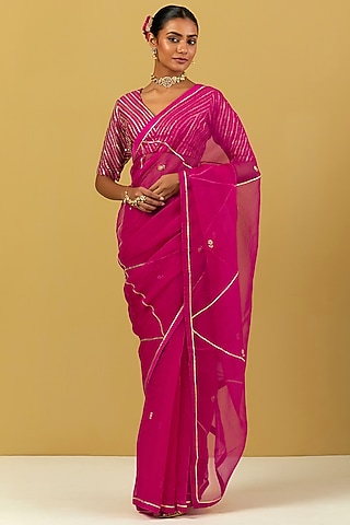 Pink Tissue Organza Hand Embroidered Saree Set by Ikshita Choudhary