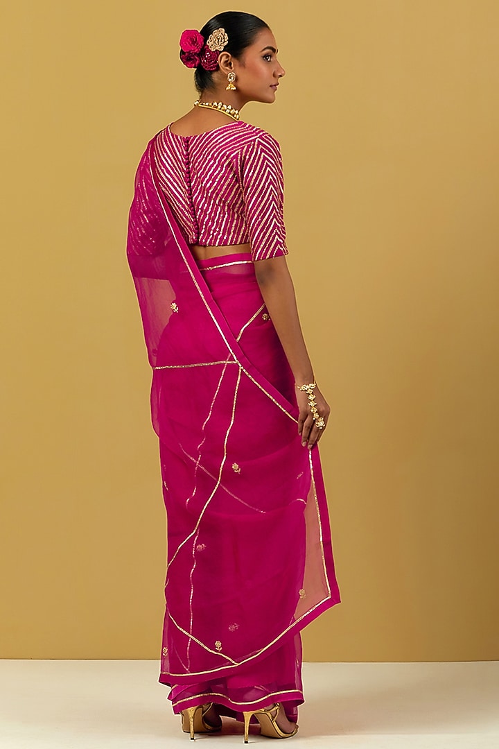 Pink Tissue Organza Hand Embroidered Party Wear Saree Set by Ikshita Choudhary at Pernia's Pop Up Shop