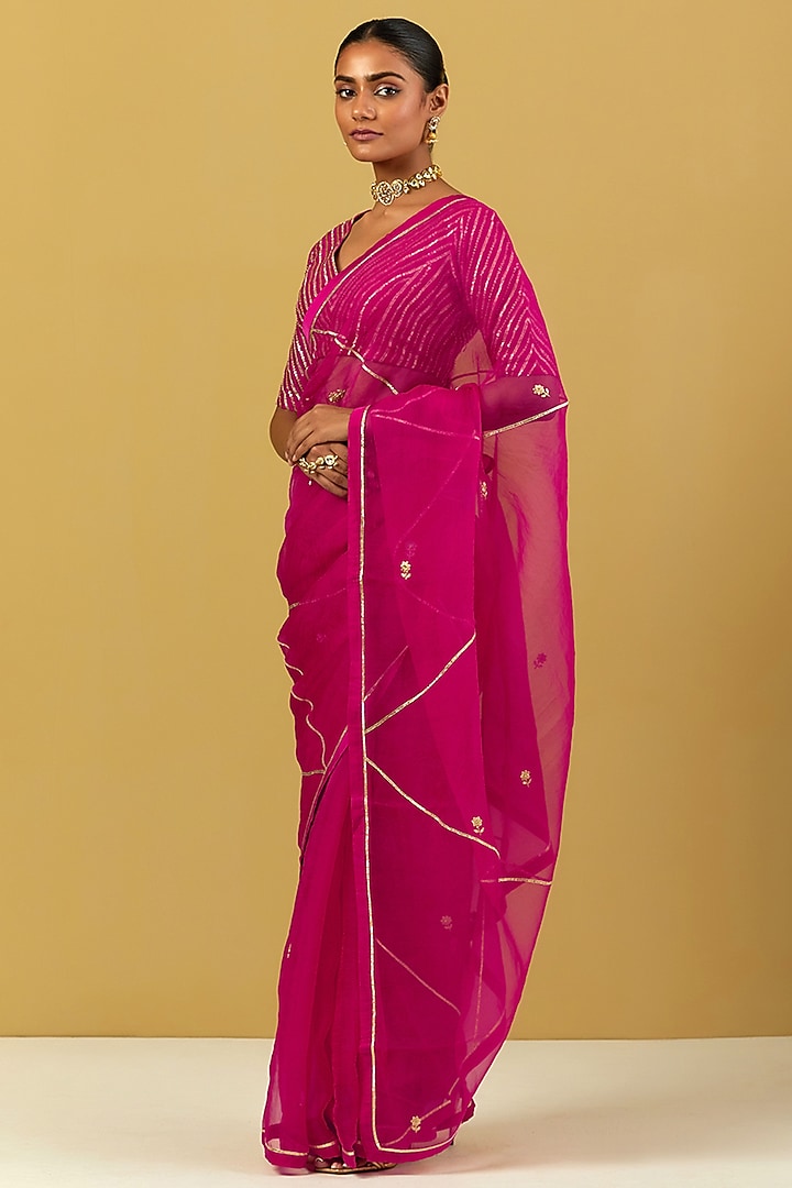 Pink Tissue Organza Hand Embroidered Party Wear Saree Set by Ikshita Choudhary at Pernia's Pop Up Shop