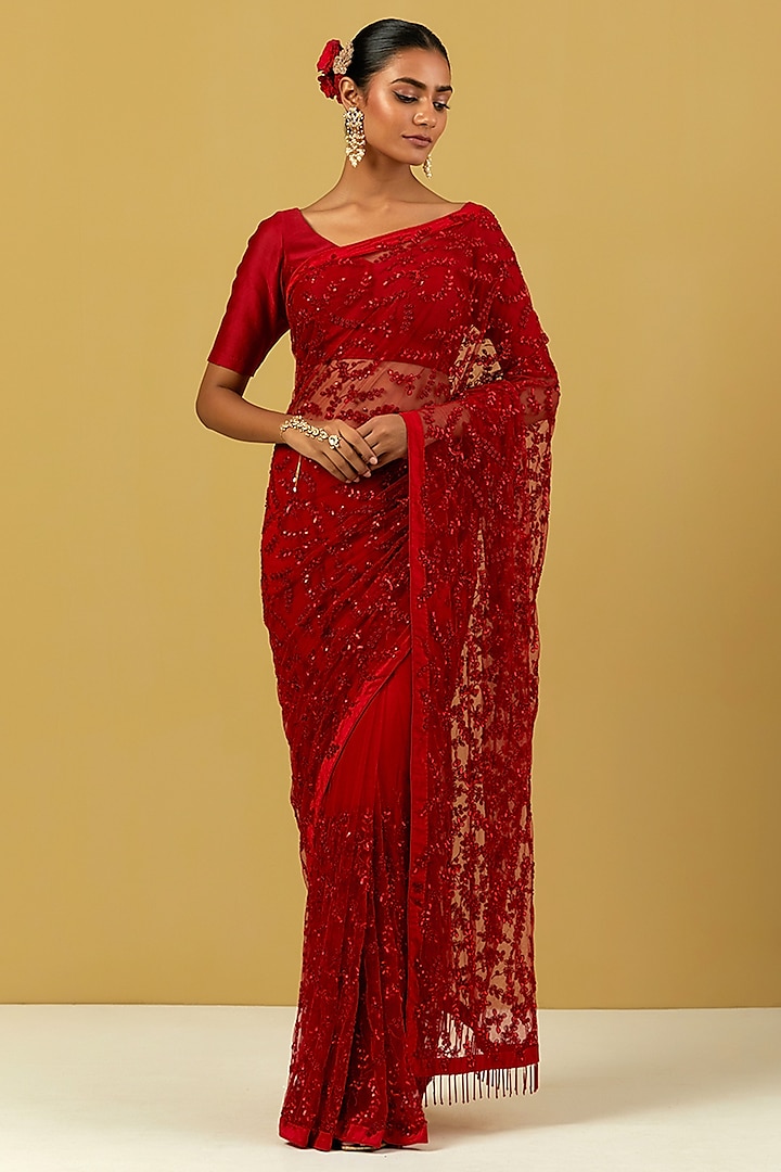 Red Net Machine & Hand Embroidered Saree Set by Ikshita Choudhary