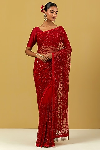 Red Net Machine & Hand Embroidered Saree Set by Ikshita Choudhary
