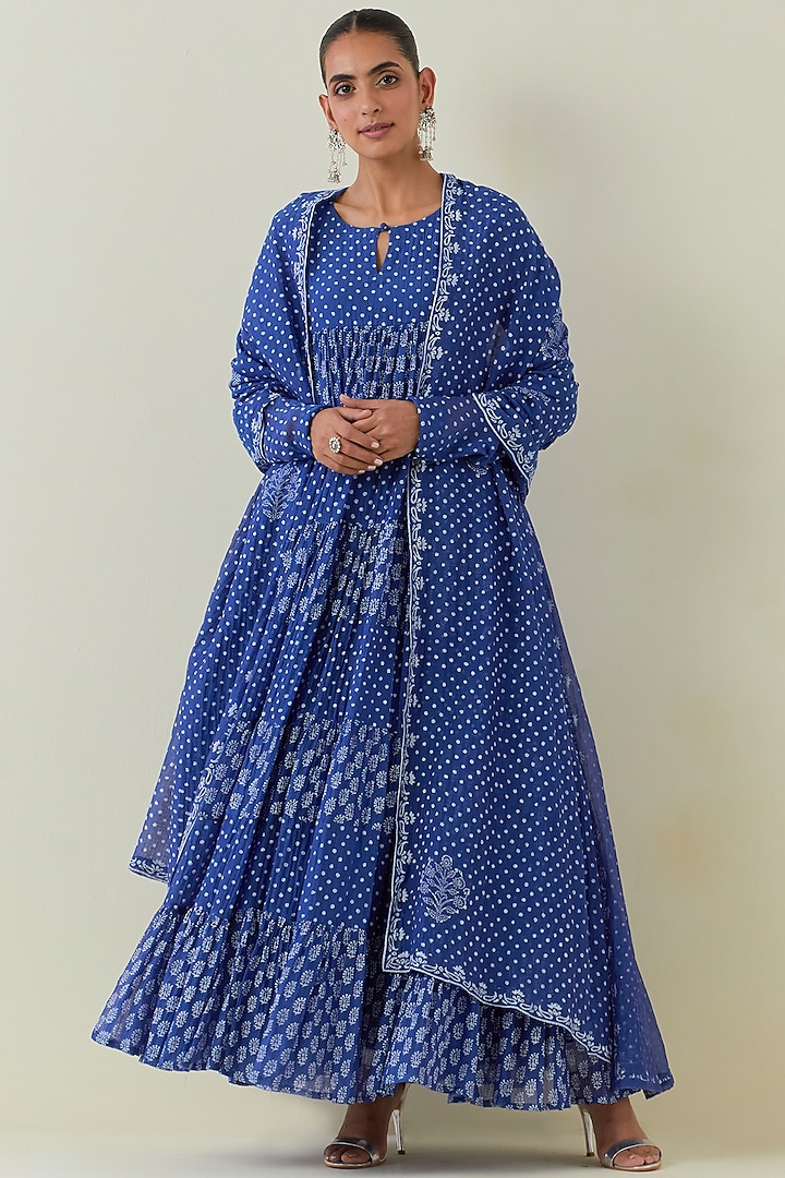 Blue Chanderi Block Printed Tiered Kurta Set by Ikshita Choudhary