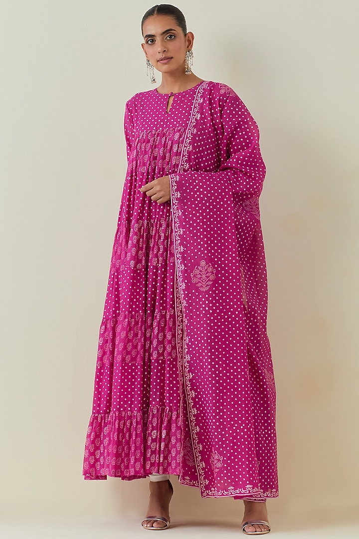 Pink Chanderi Block Printed Tiered Kurta Set by Ikshita Choudhary