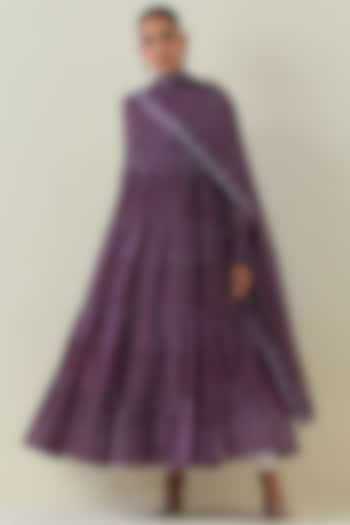 Purple Chanderi Block Printed Tiered Kurta Set by Ikshita Choudhary at Pernia's Pop Up Shop