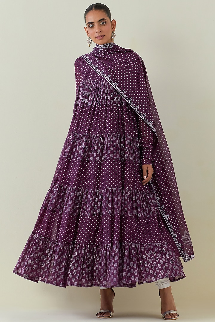 Purple Chanderi Block Printed Tiered Kurta Set by Ikshita Choudhary at Pernia's Pop Up Shop