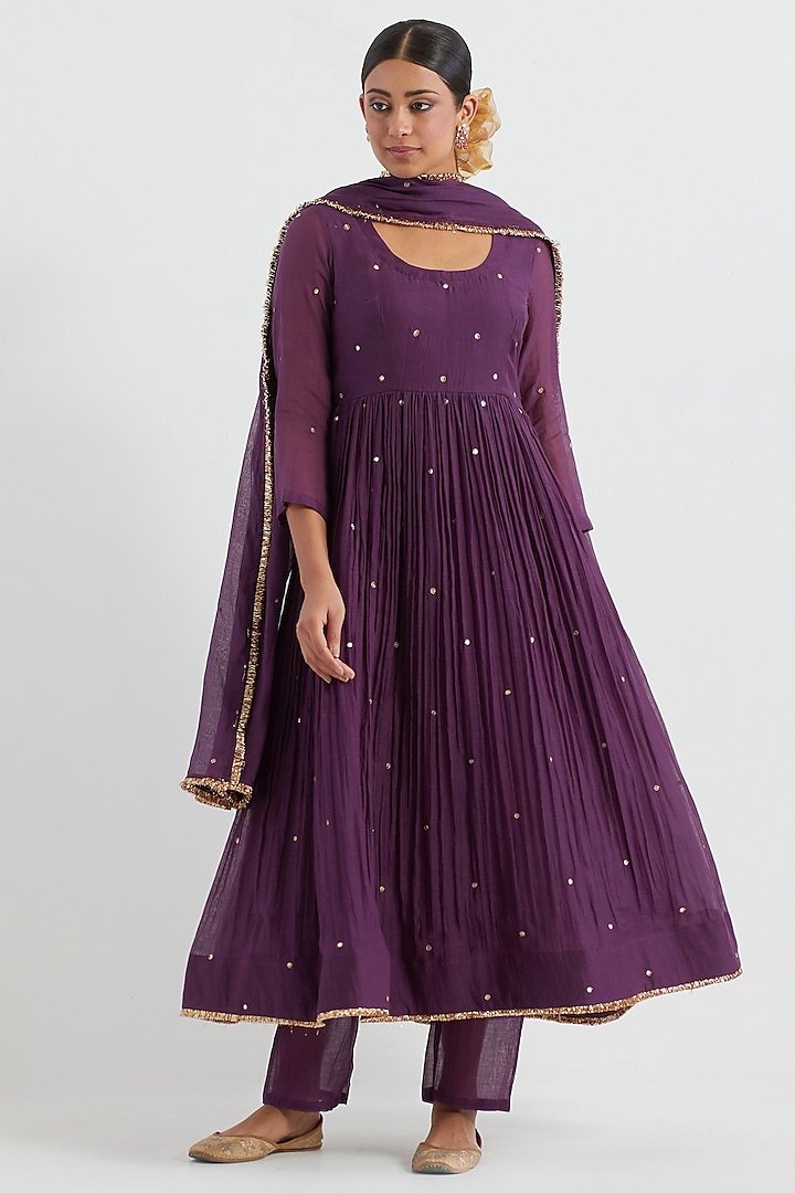 Purple Chanderi Hand Embroidered Anarkali Set by Ikshita Choudhary at Pernia's Pop Up Shop