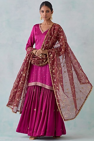 Magenta Satin Sharara Set by Ikshita Choudhary