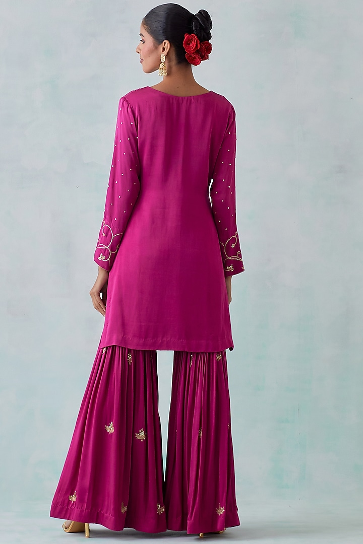 Magenta Satin Wedding Sharara Set by Ikshita Choudhary at Pernia's Pop Up Shop