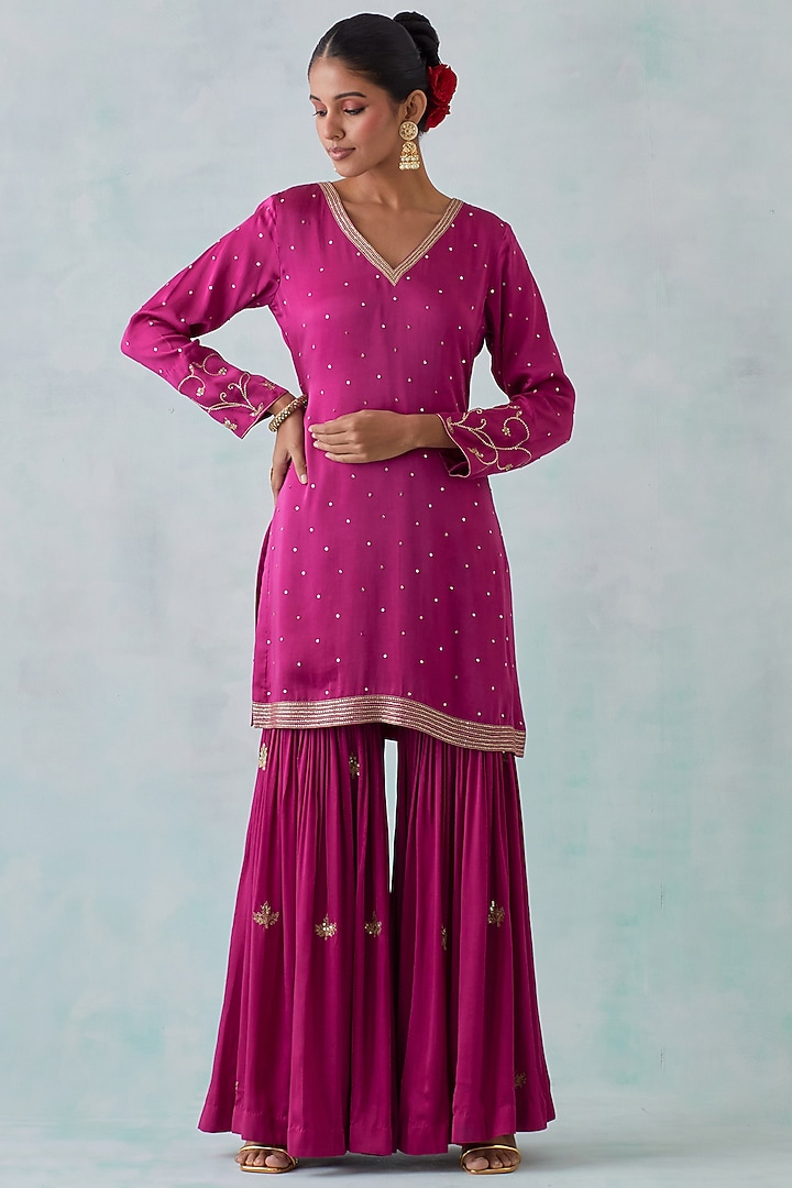 Magenta Satin Wedding Sharara Set by Ikshita Choudhary at Pernia's Pop Up Shop