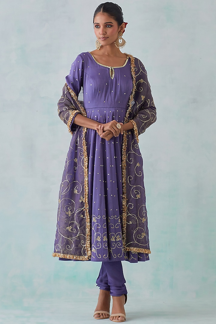 Purple Satin Embroidered Anarkali Set by Ikshita Choudhary at Pernia's Pop Up Shop