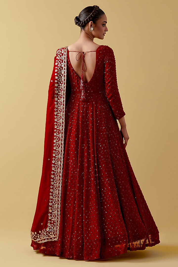 Red Georgette Hand Embroidered Wedding Anarkali Set by Ikshita Choudhary at Pernia's Pop Up Shop