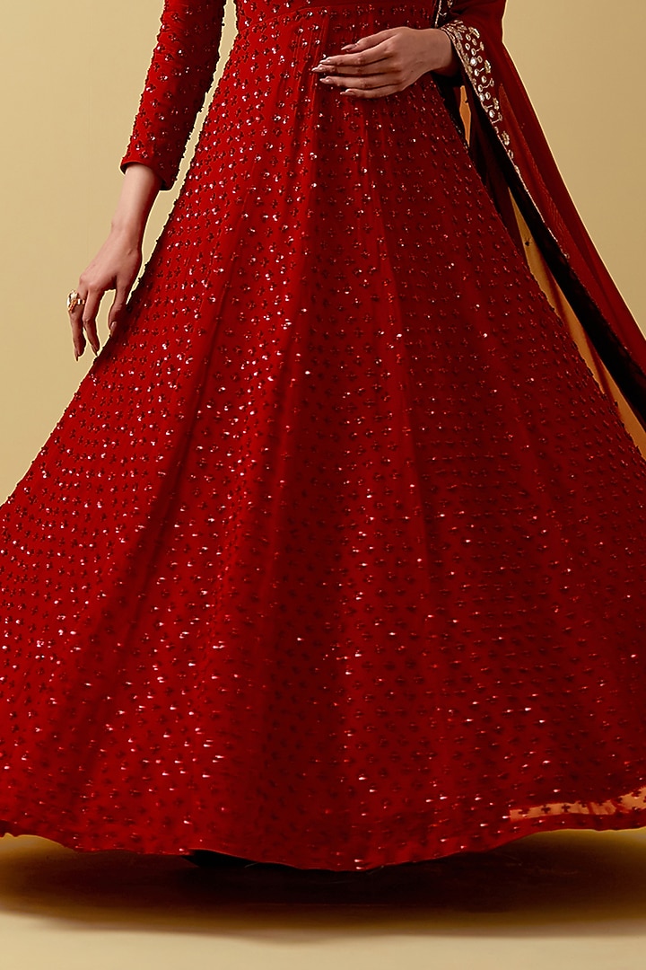 Red Georgette Hand Embroidered Wedding Anarkali Set by Ikshita Choudhary at Pernia's Pop Up Shop
