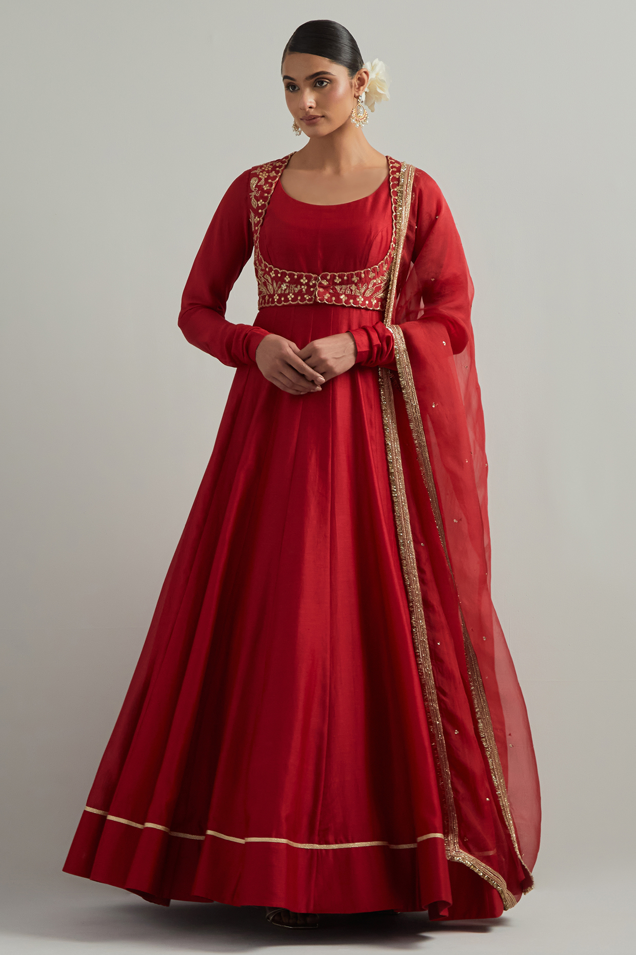 Red Chanderi Hand Embroidered Party Wear Anarkali Set by Ikshita Choudhary at Pernia's Pop Up Shop