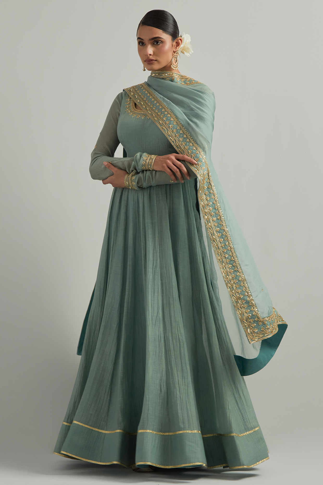 Cadet Blue Chanderi Hand Embroidered Party Wear Anarkali Set by Ikshita Choudhary at Pernia's Pop Up Shop