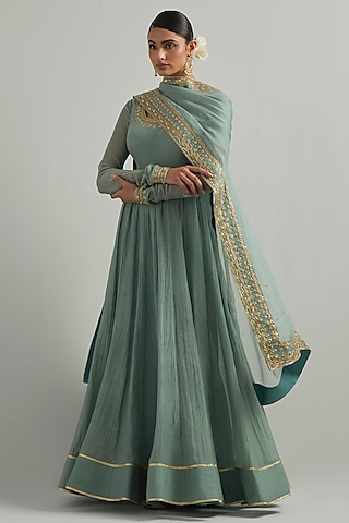 Cadet Blue Chanderi Hand Embroidered Anarkali Set by Ikshita Choudhary