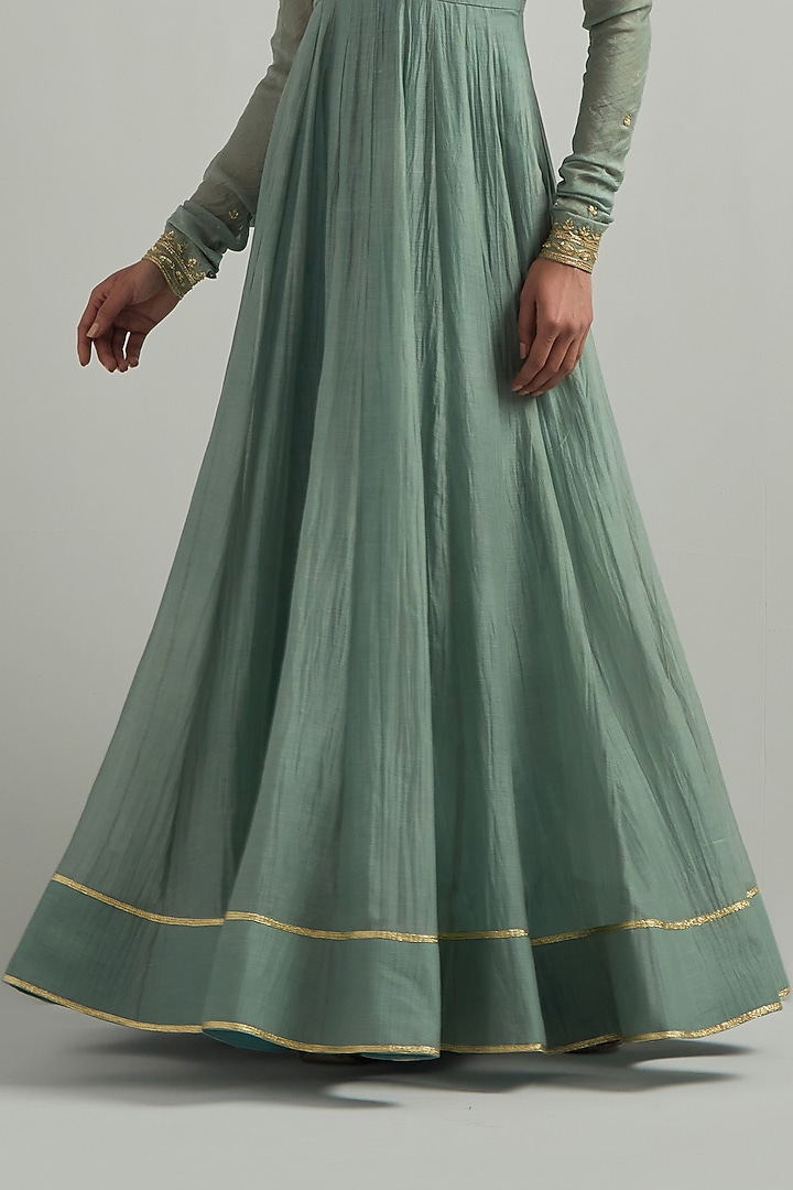 Cadet Blue Chanderi Hand Embroidered Wedding Anarkali Set by Ikshita Choudhary at Pernia's Pop Up Shop