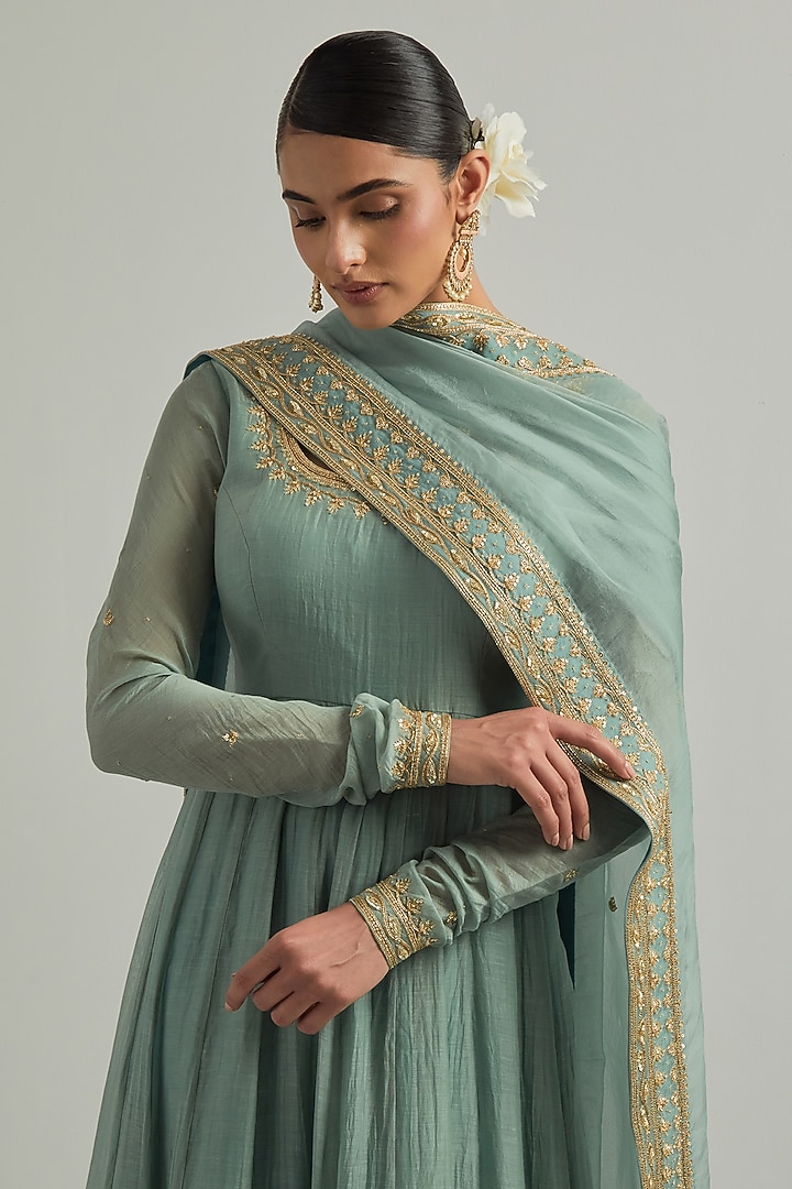 Cadet Blue Chanderi Hand Embroidered Wedding Anarkali Set by Ikshita Choudhary at Pernia's Pop Up Shop