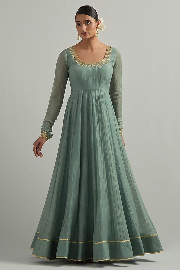 Cadet Blue Chanderi Hand Embroidered Wedding Anarkali Set by Ikshita Choudhary at Pernia's Pop Up Shop