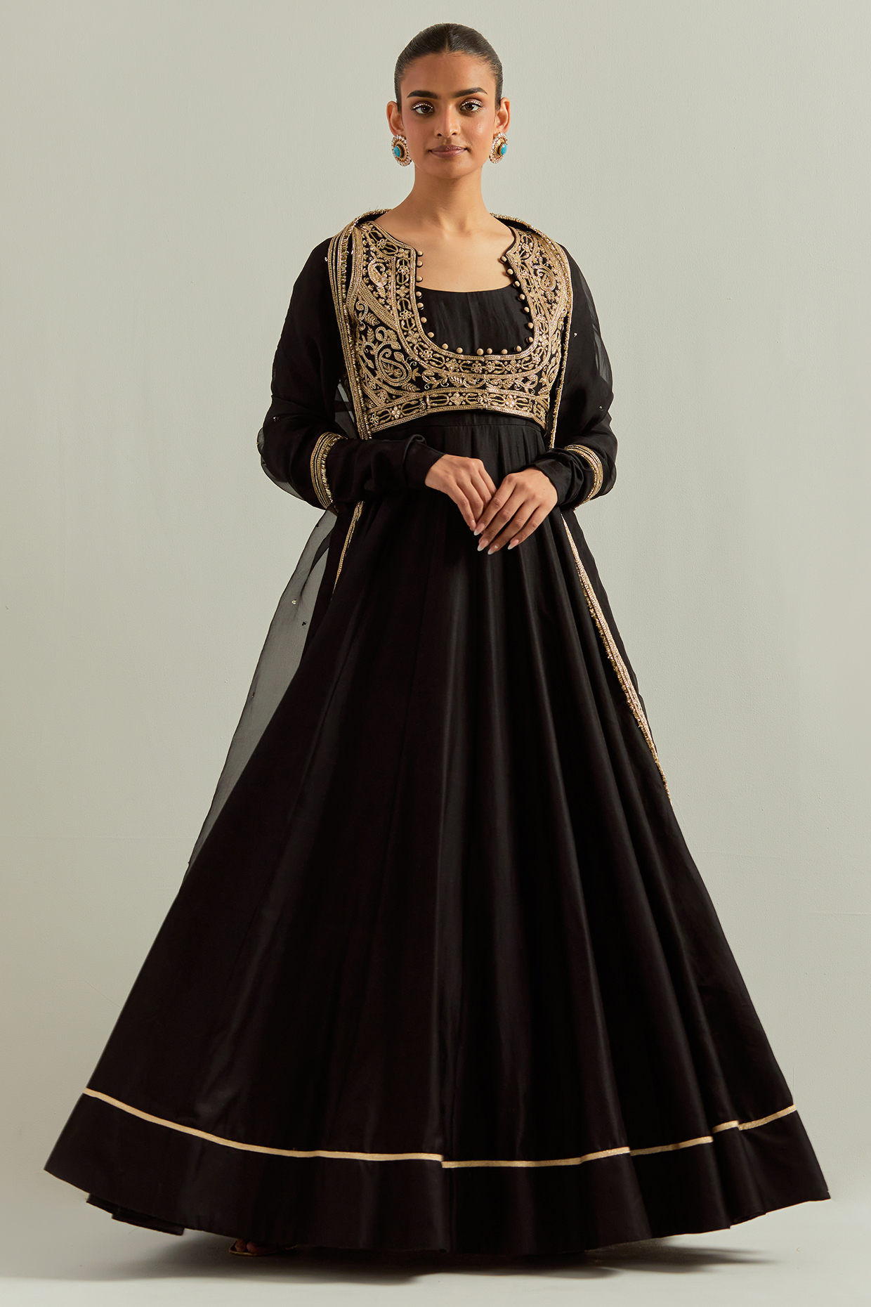 Black Chanderi Hand Embroidered Jacket Wedding Anarkali Set by Ikshita Choudhary at Pernia's Pop Up Shop