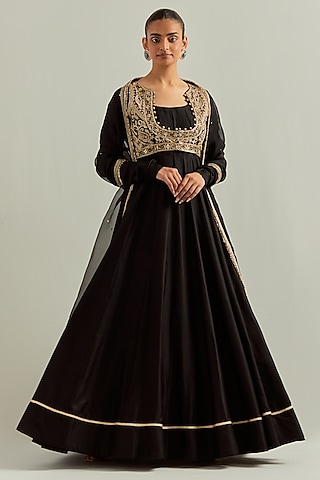 Black Chanderi Hand Embroidered Jacket Anarkali Set by Ikshita Choudhary