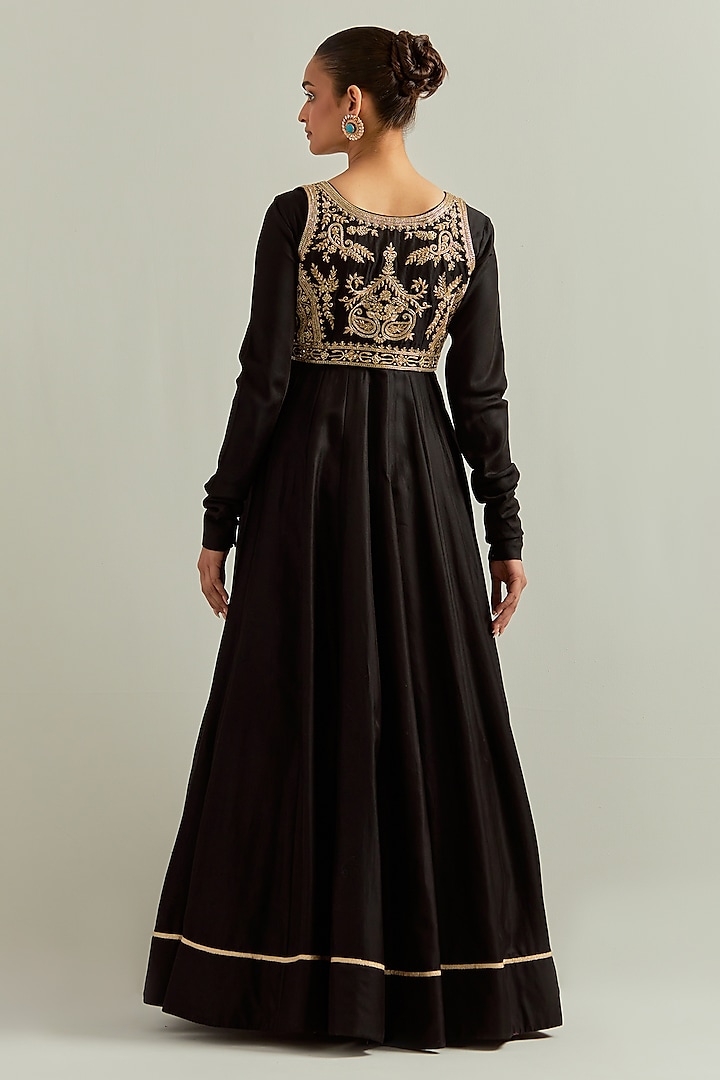 Black Chanderi Hand Embroidered Jacket Wedding Anarkali Set by Ikshita Choudhary at Pernia's Pop Up Shop