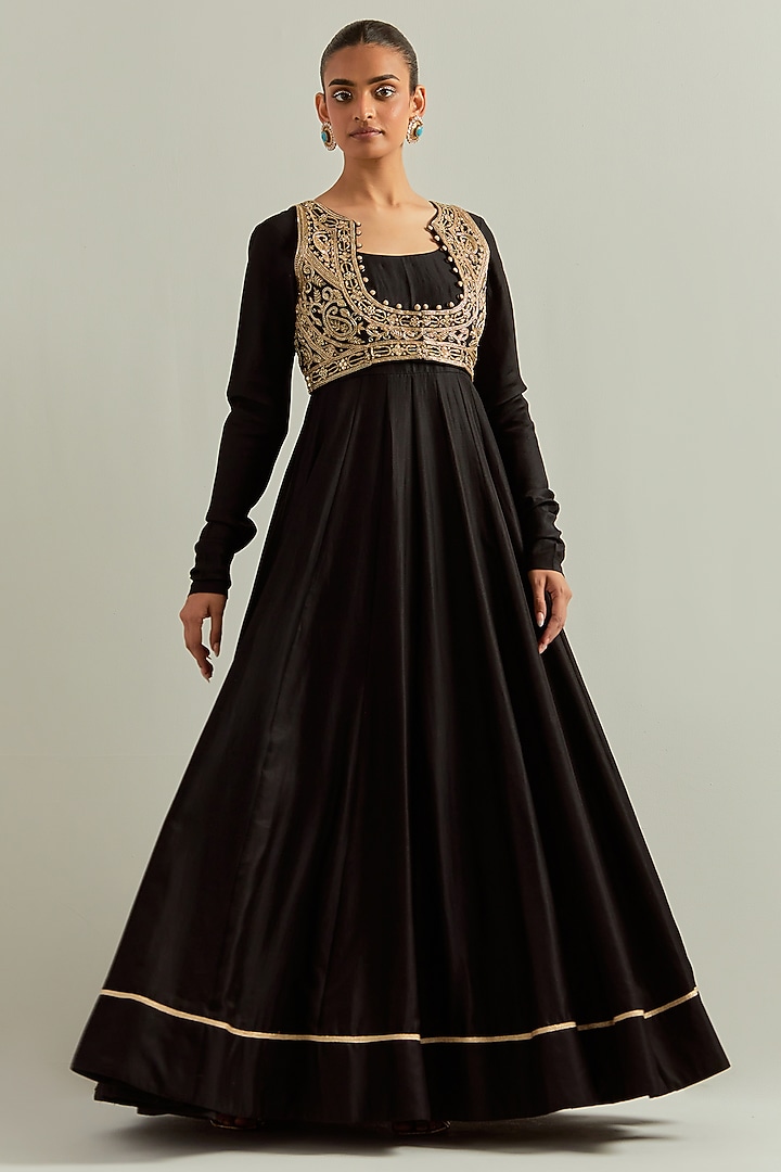 Black Chanderi Hand Embroidered Jacket Wedding Anarkali Set by Ikshita Choudhary at Pernia's Pop Up Shop