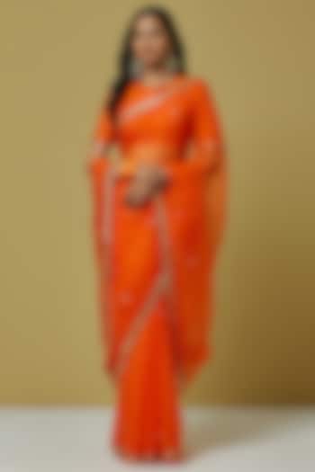Orange Organza Saree Set by Ikshita Choudhary