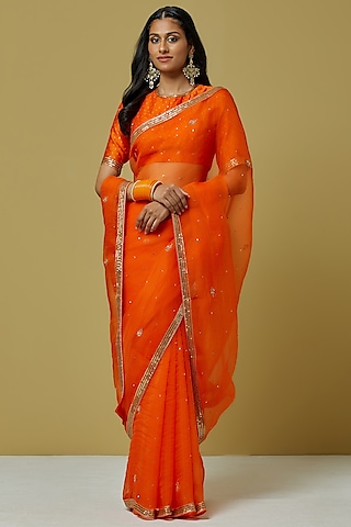 Orange Organza Saree Set by Ikshita Choudhary