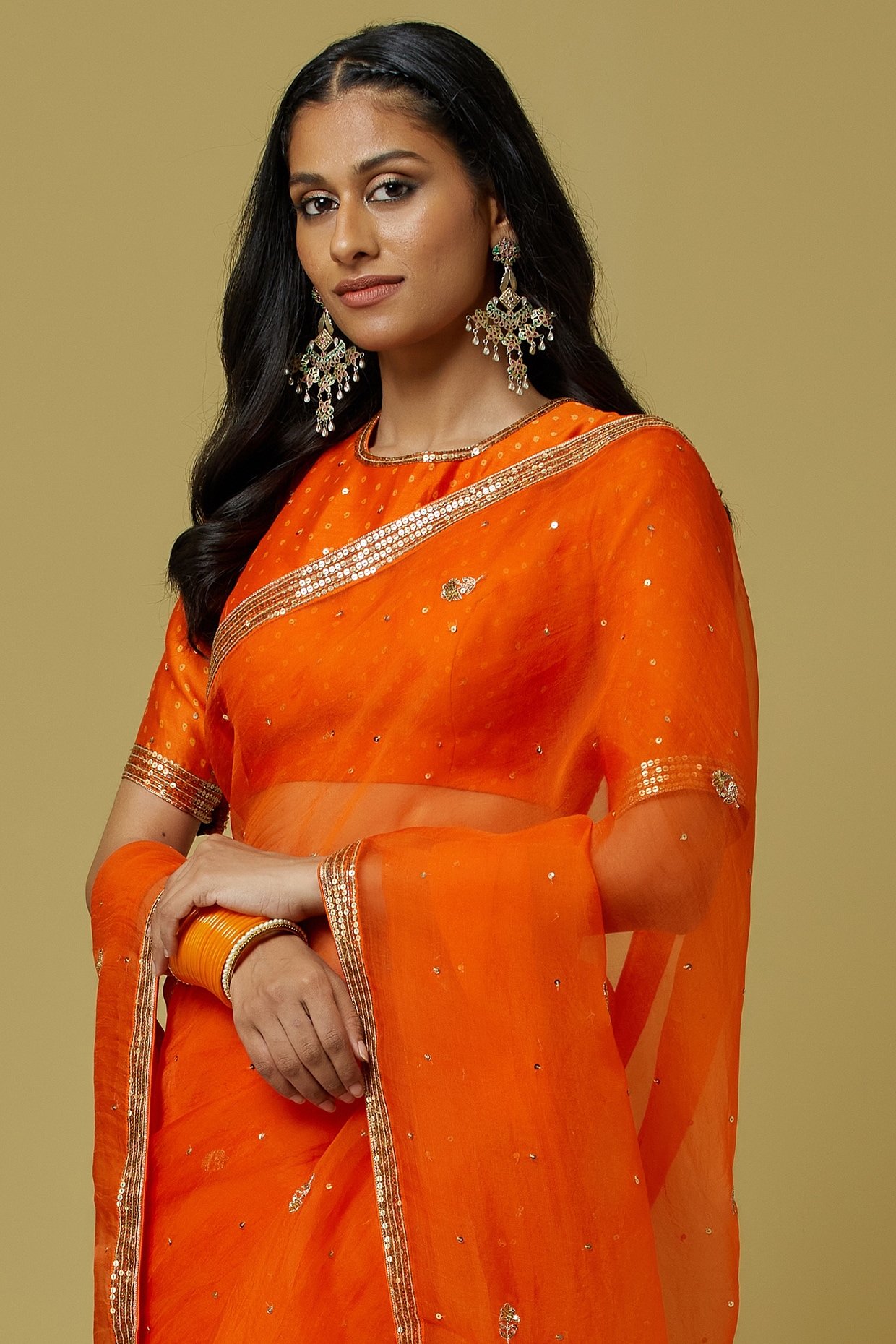 Orange organza saree styling | Indian look, Saree, Organza saree